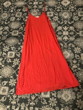 THE GREAT. Tomato-Red Slip Dress with Thin Adjustable Straps